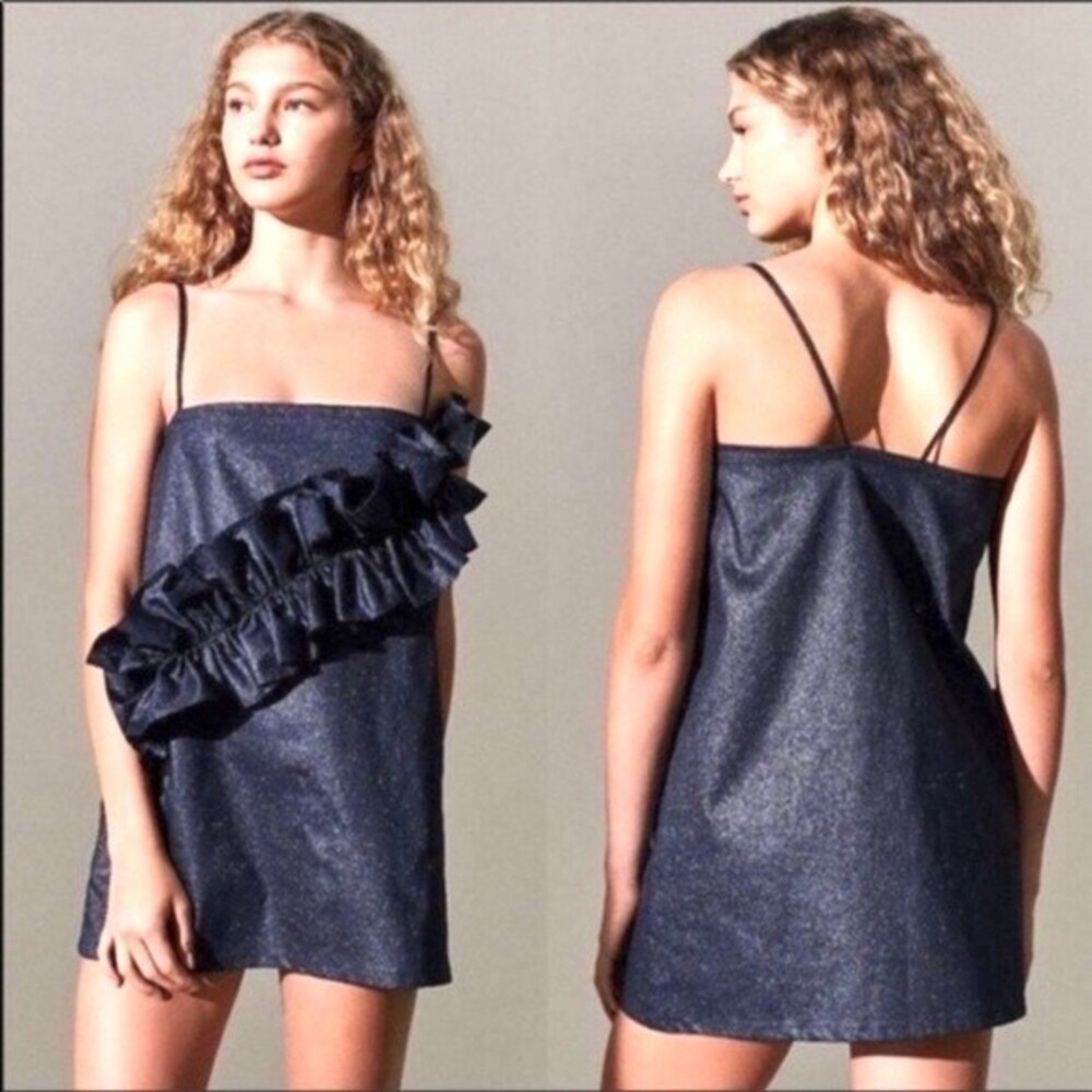 Urban Outfitters Collina Strada CS-2MASS Glitter Ruffle Mini Dress Navy M NWT